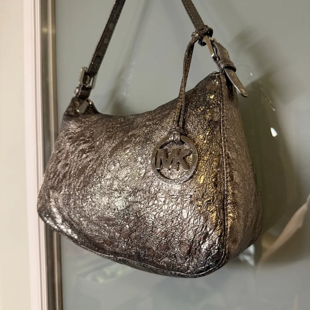 Michael Kors Leather Silver Metallic Shoulder Bag with MK Charm